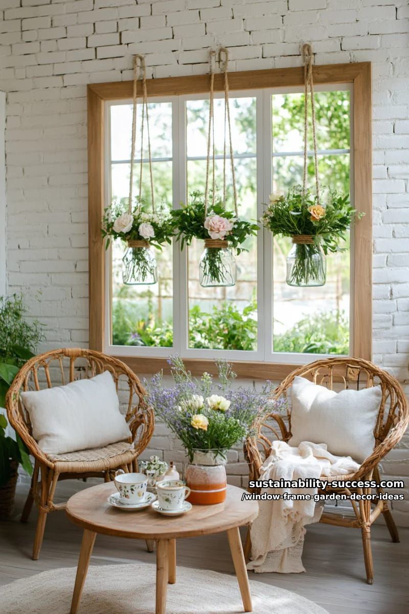 hanging glass bottles in a window frame for fresh cut garden flowers 1