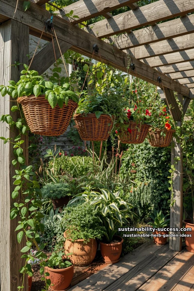hanging herb baskets under a pergola with climbing edible vines 1