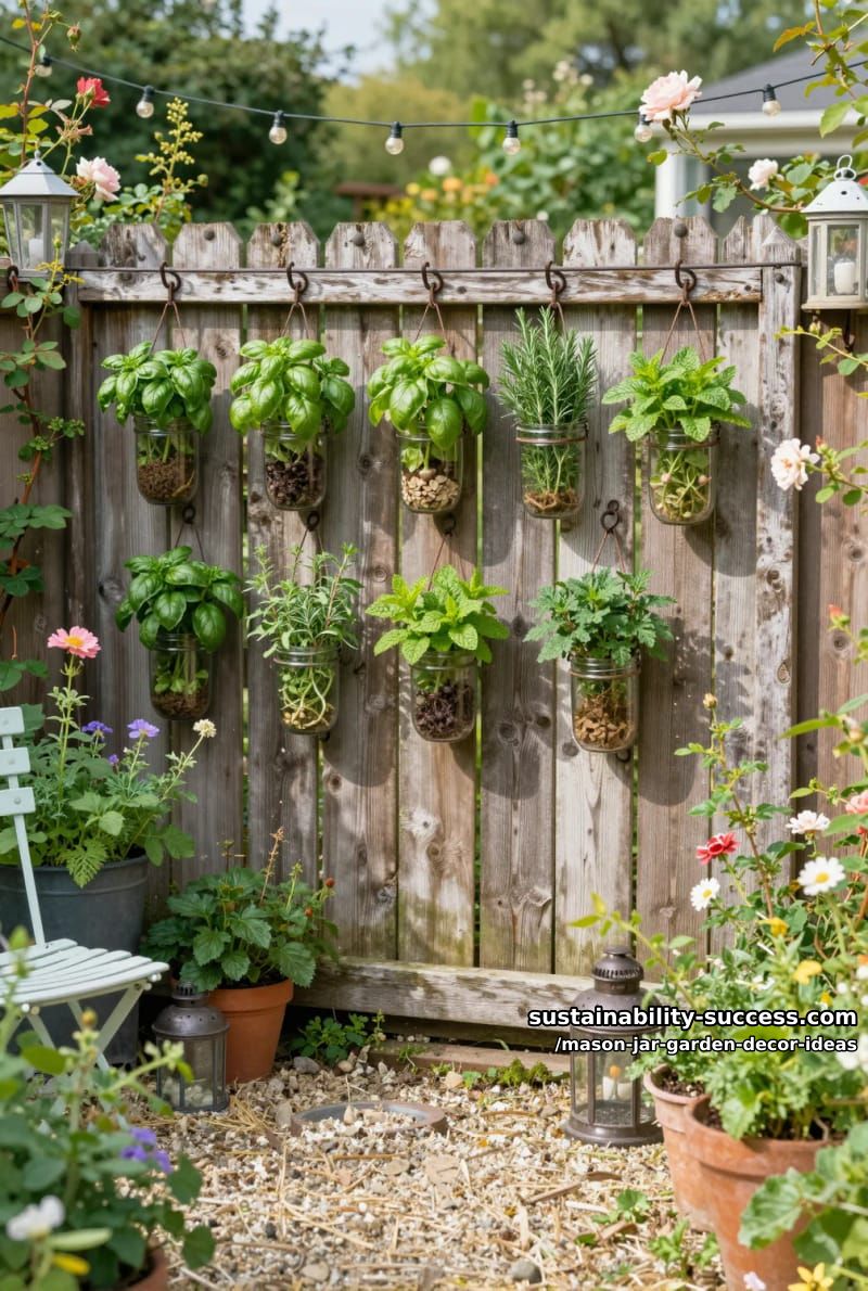 hanging mason jar herb garden along a rustic wooden fence outdoors 1