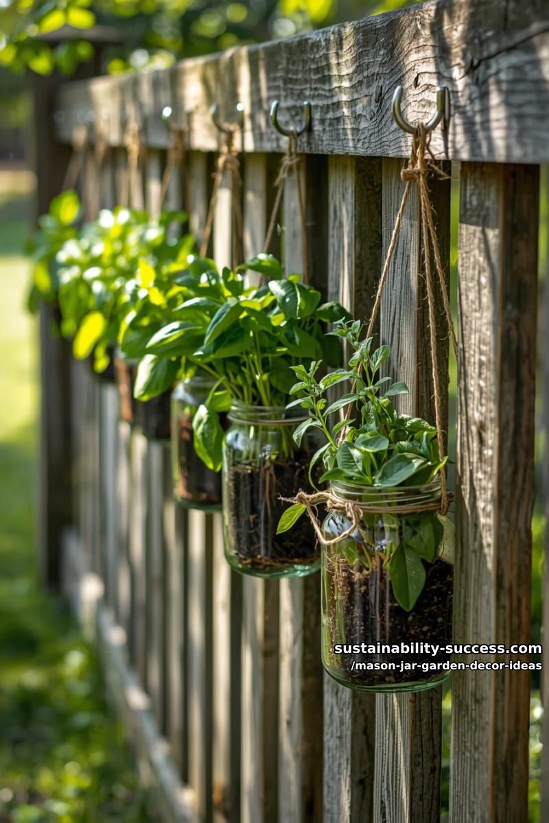 hanging mason jar herb garden along a rustic wooden fence outdoors 1