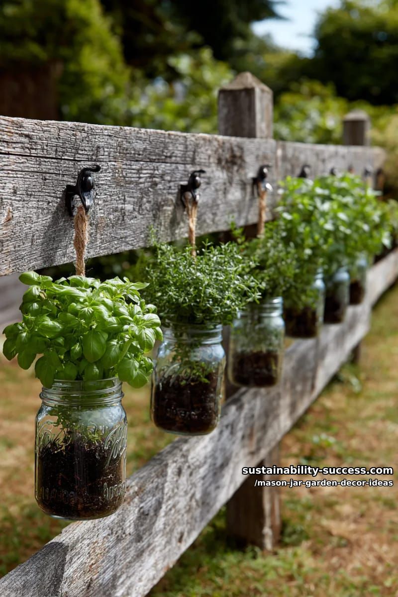 hanging mason jar herb garden along a rustic wooden fence outdoors 1