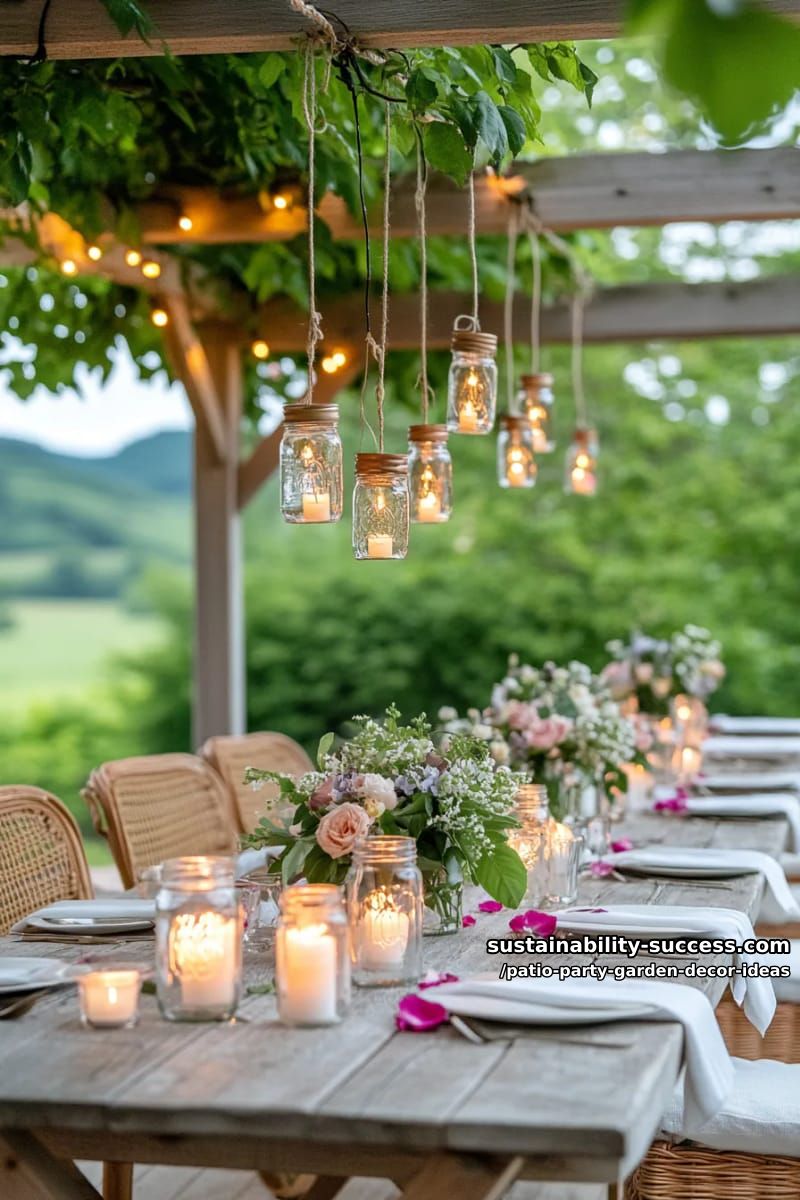 hanging mason jar lanterns with wildflowers and flickering candles for twilight charm 1