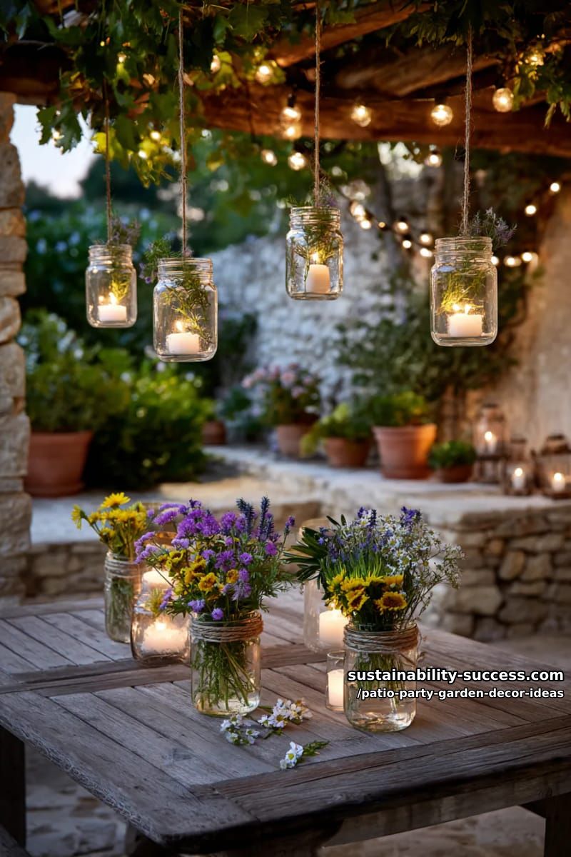 hanging mason jar lanterns with wildflowers and flickering candles for twilight charm 1