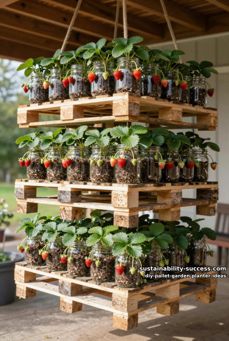 hanging strawberry planter using stacked pallets and mason jars 1