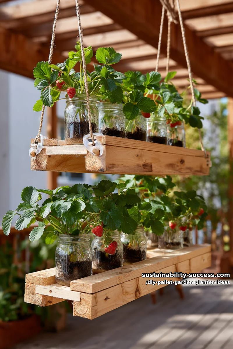 hanging strawberry planter using stacked pallets and mason jars 1