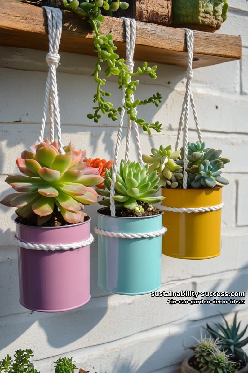 hanging succulent planters using pastel-dipped cans and macramé rope 1