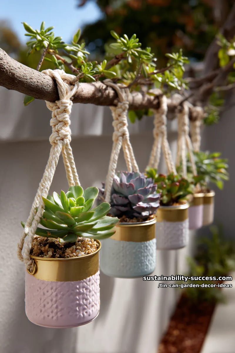 hanging succulent planters using pastel-dipped cans and macramé rope 1