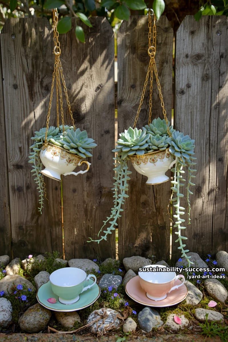 hanging teacup planters with trailing succulents 1