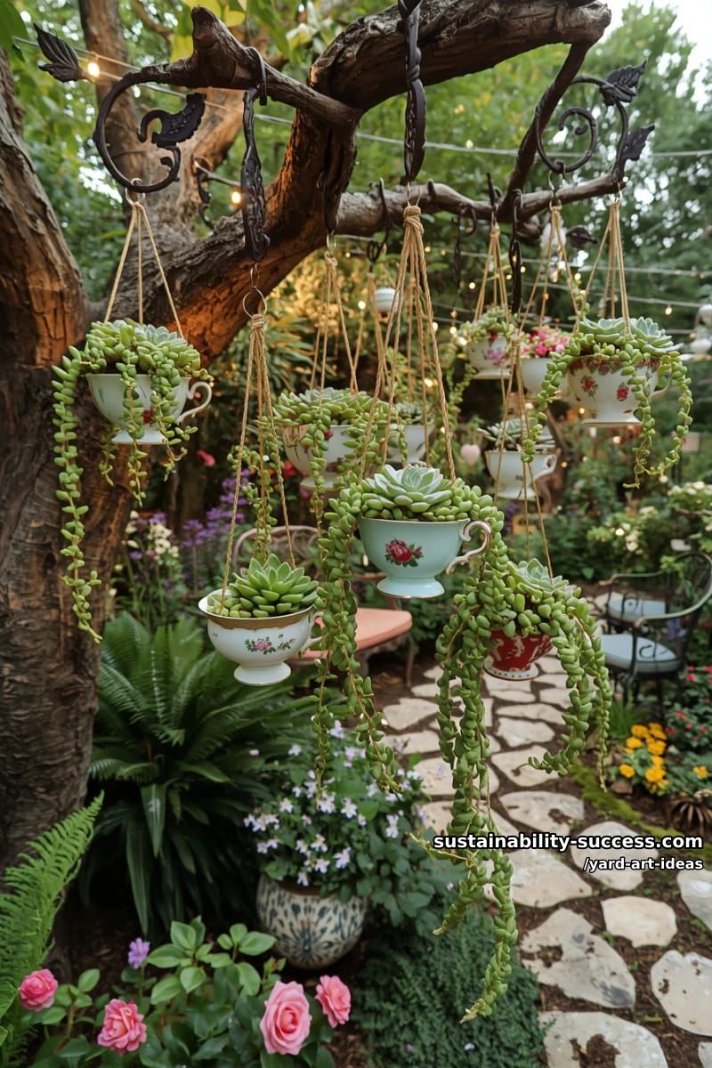 hanging teacup planters with trailing succulents 1
