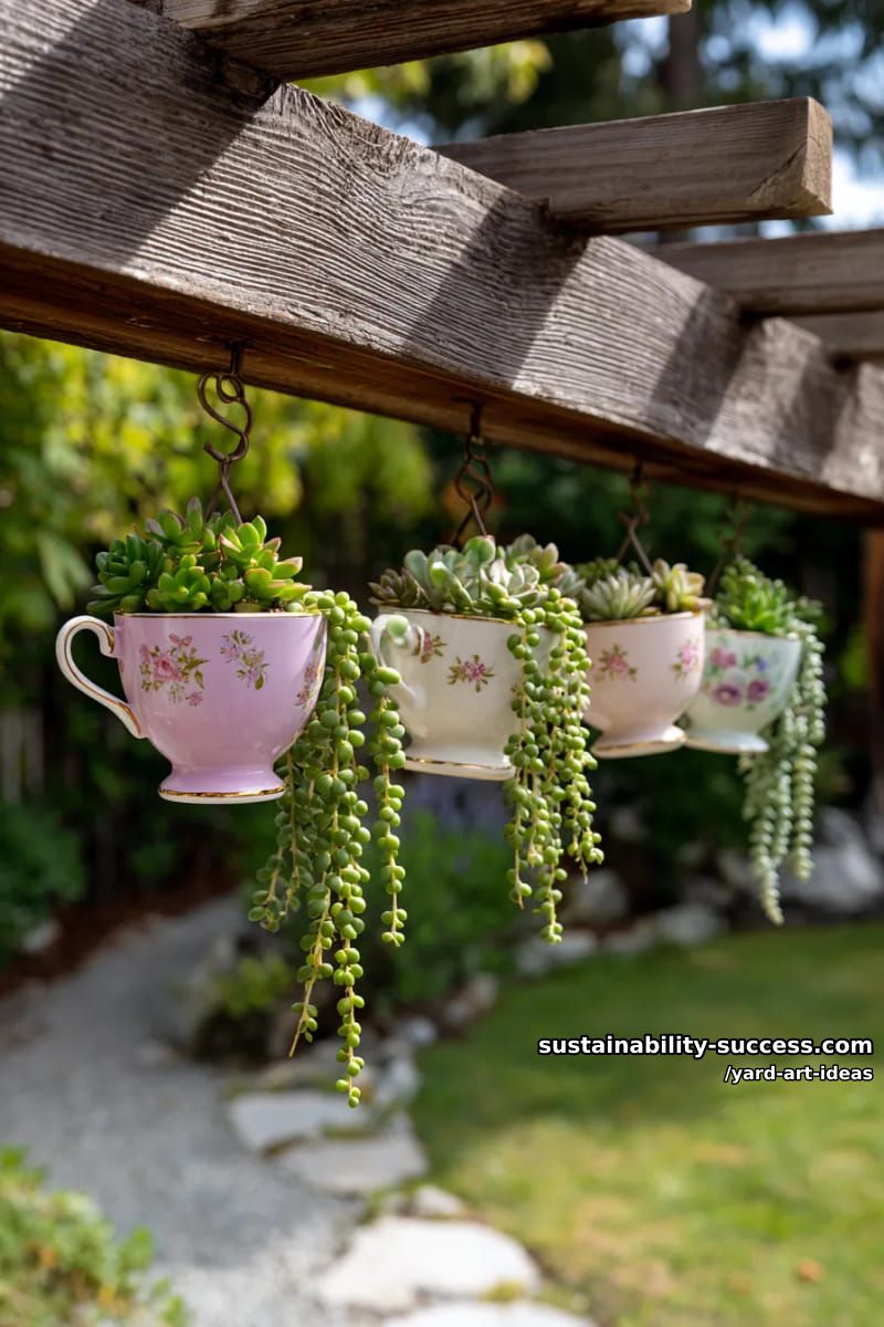 hanging teacup planters with trailing succulents 1