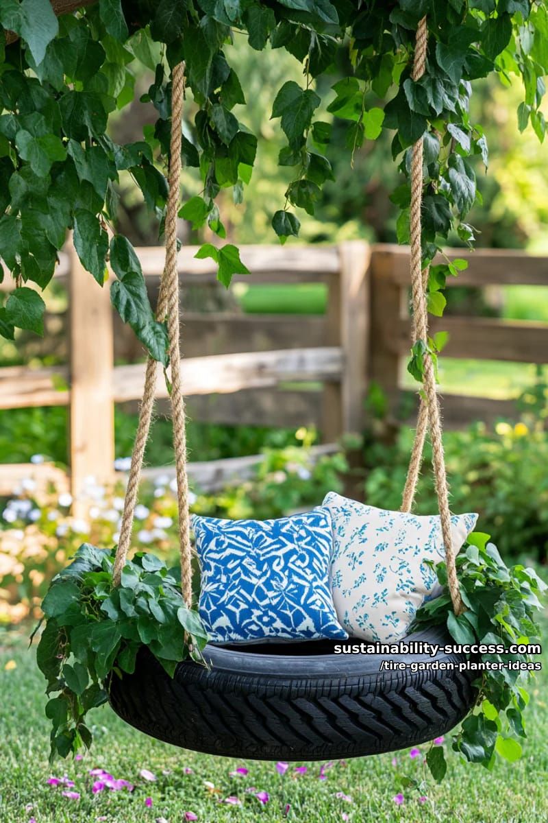 hanging tire planter swing seat with plush pillows and trailing vines 1