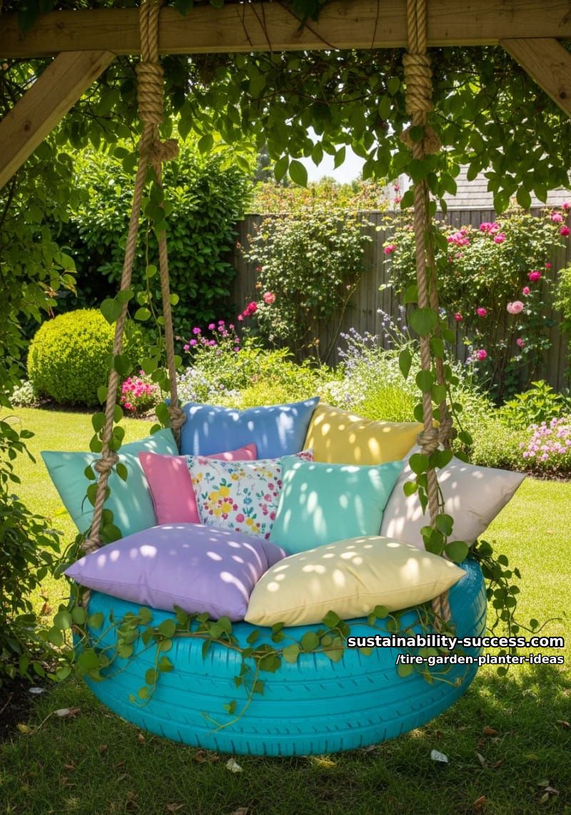 hanging tire planter swing seat with plush pillows and trailing vines 1