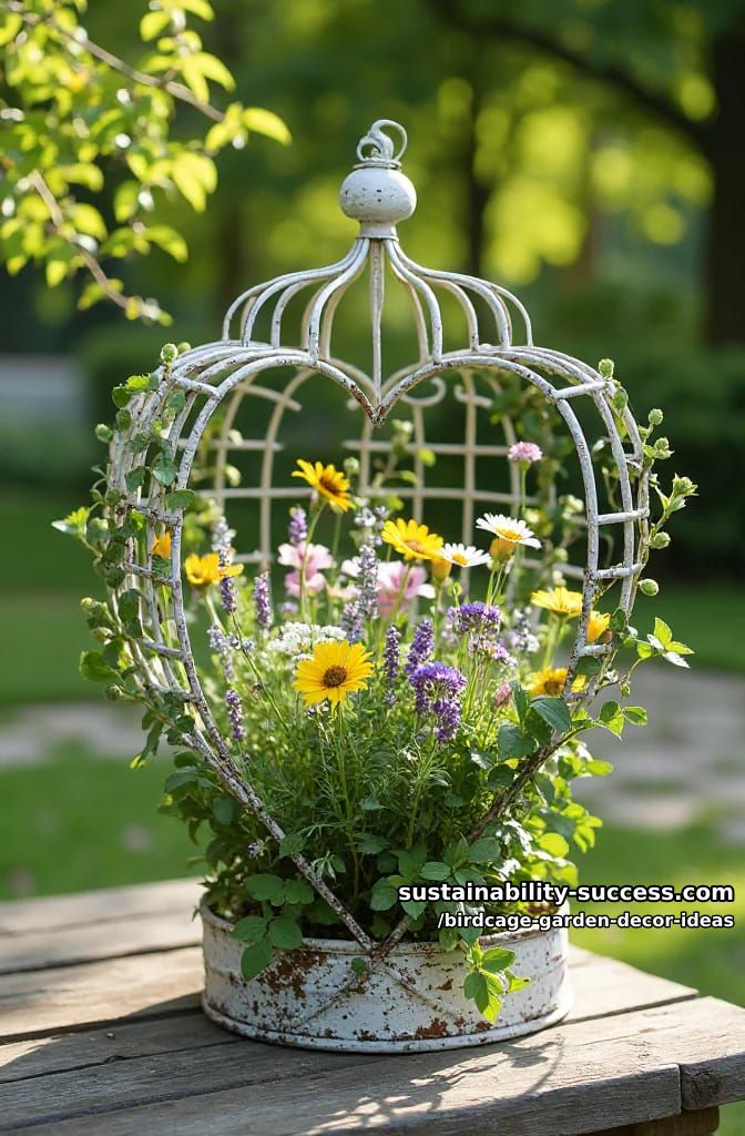heart-shaped birdcage planter with wildflowers and soft greenery vines 1