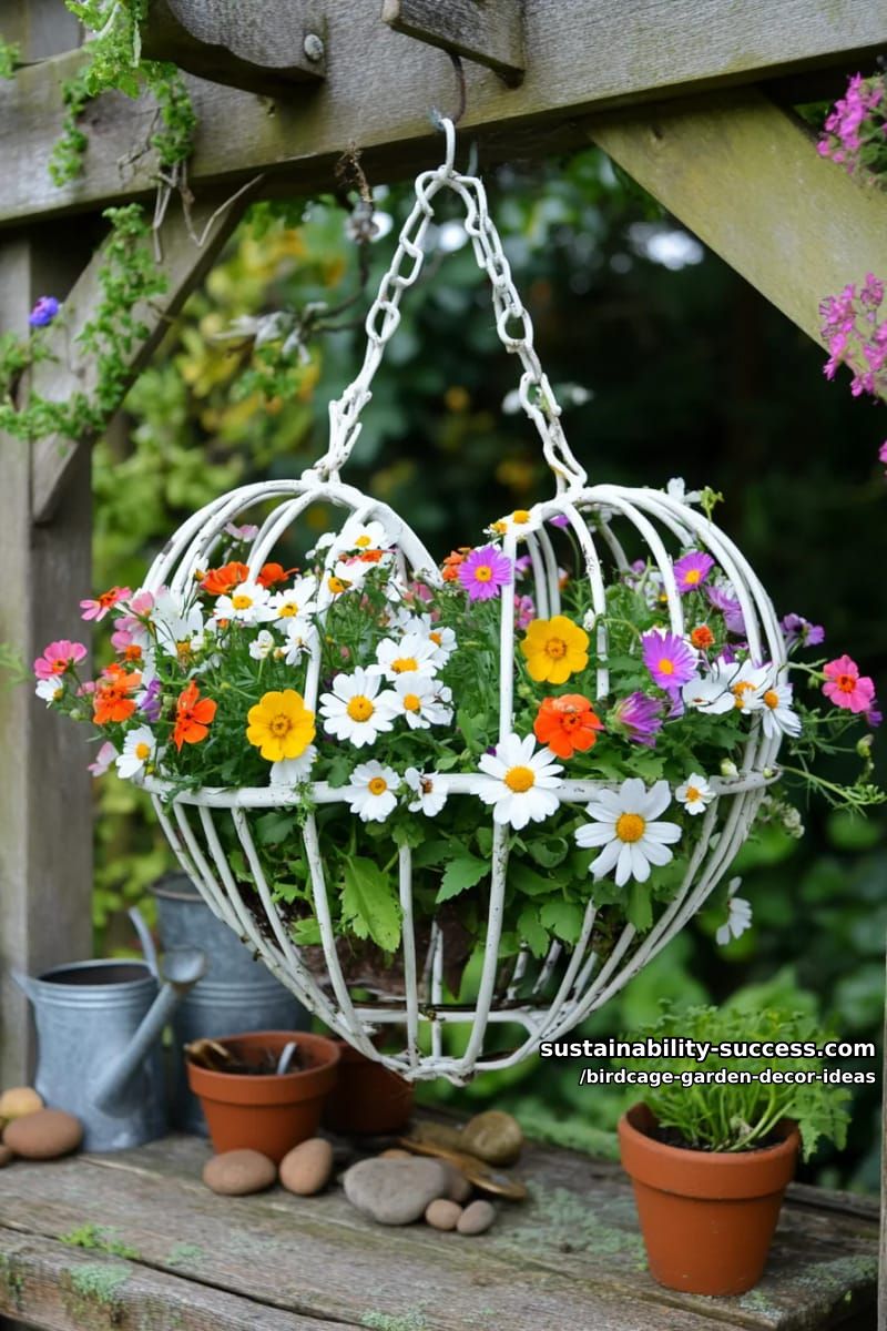 heart-shaped birdcage planter with wildflowers and soft greenery vines 1