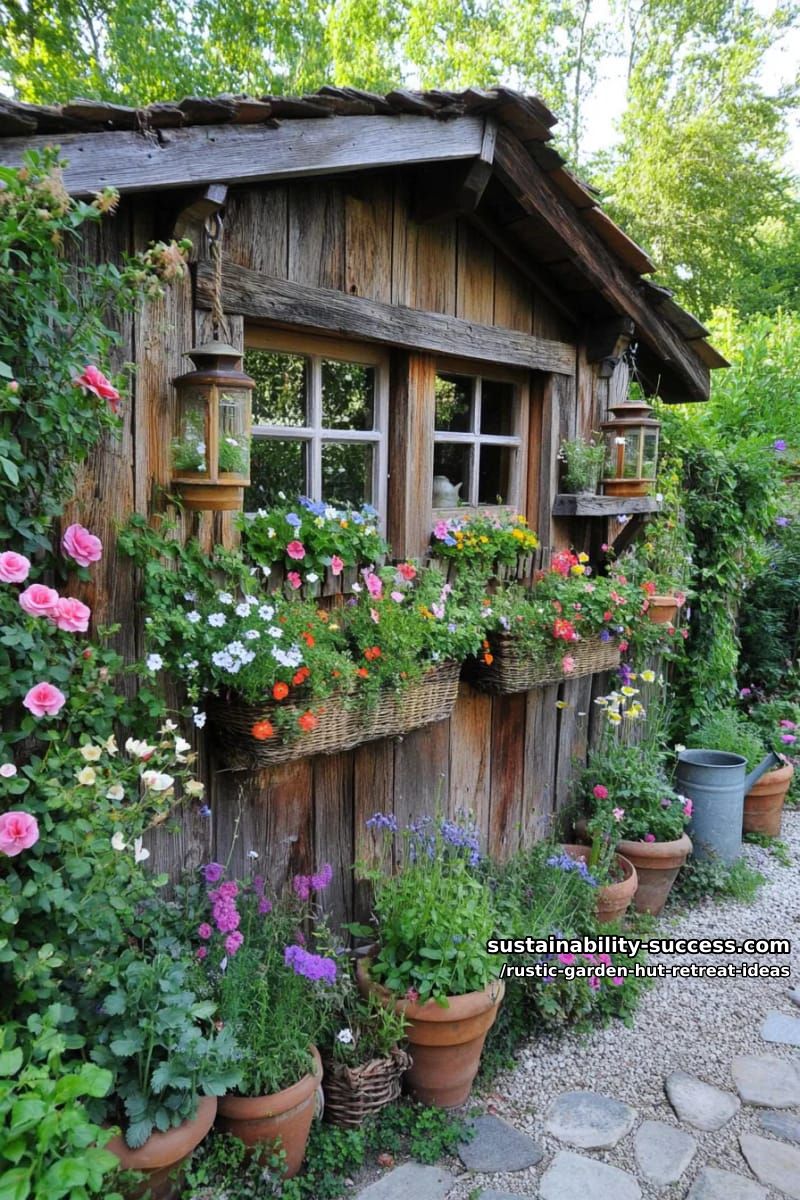 herb-filled window boxes on weathered timber garden house walls 1