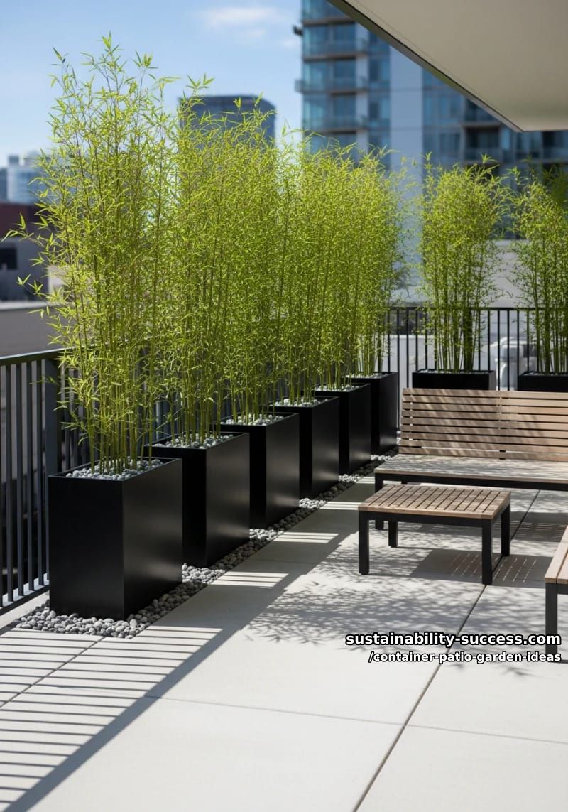 install matching rectangular planters along railings for a green privacy screen. 1