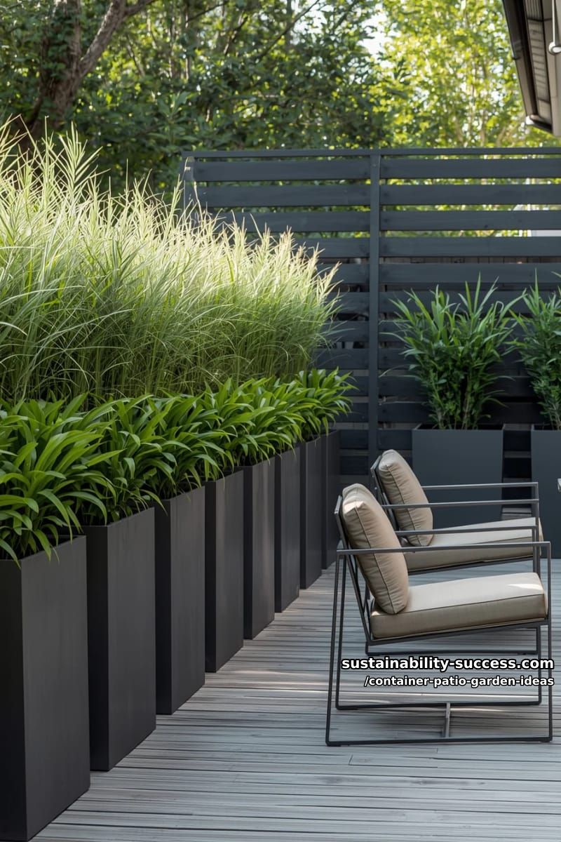 install matching rectangular planters along railings for a green privacy screen. 1