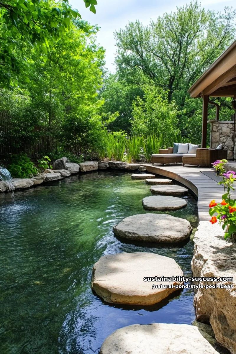 integrated wooden deck with stepping stones over crystal-clear pond water 1