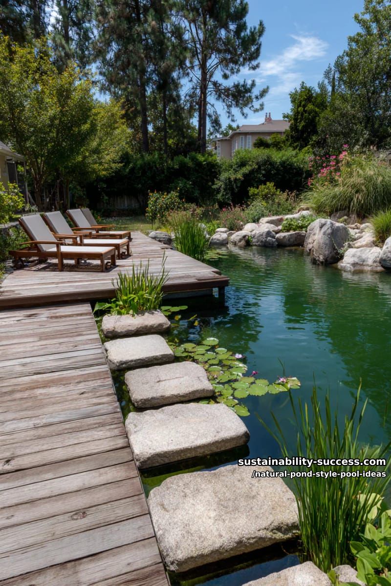 integrated wooden deck with stepping stones over crystal-clear pond water 1