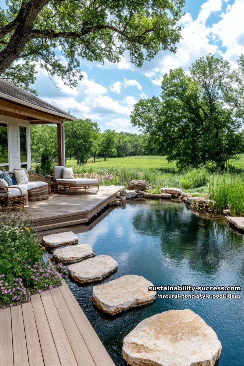 integrated wooden deck with stepping stones over crystal-clear pond water 1