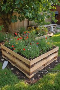 15 DIY Reclaimed Wood Garden Bed Ideas for Vibrant Backyards 1 l-shaped raised bed using stacked pallets and wildflower borders 5