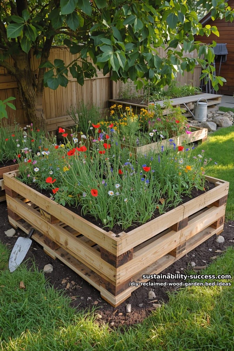 15 DIY Reclaimed Wood Garden Bed Ideas for Vibrant Backyards 6 l-shaped raised bed using stacked pallets and wildflower borders 1