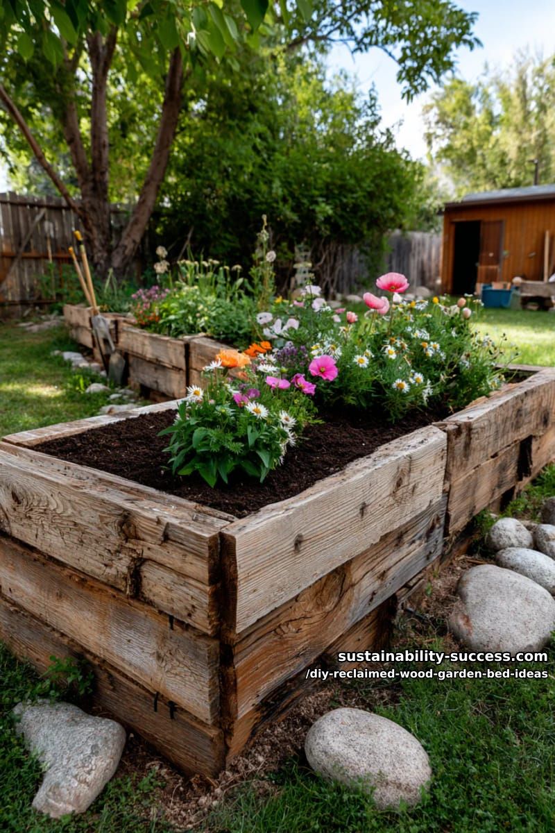 15 DIY Reclaimed Wood Garden Bed Ideas for Vibrant Backyards 7 l-shaped raised bed using stacked pallets and wildflower borders 1