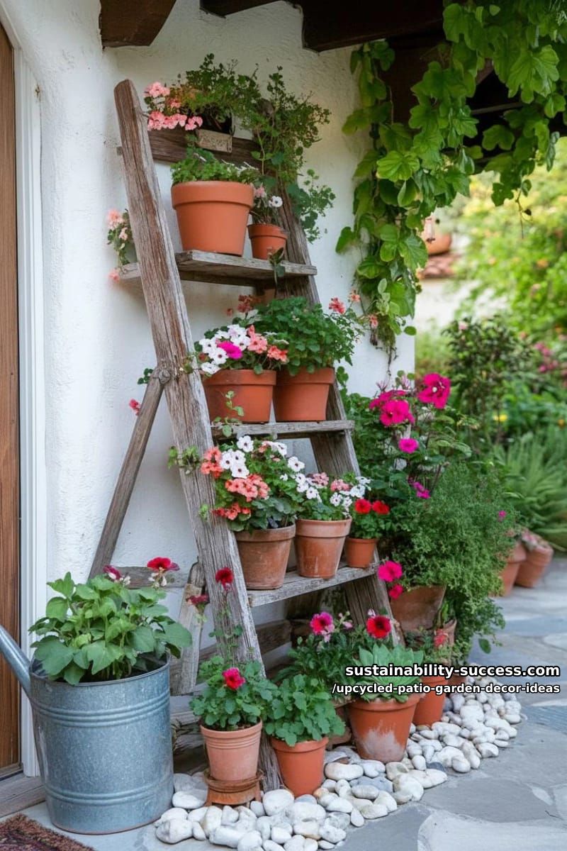 ladders repurposed as multi-tiered flower stands with trailing vines 1