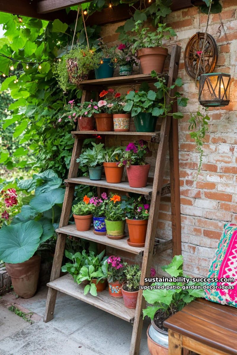 ladders repurposed as multi-tiered flower stands with trailing vines 1