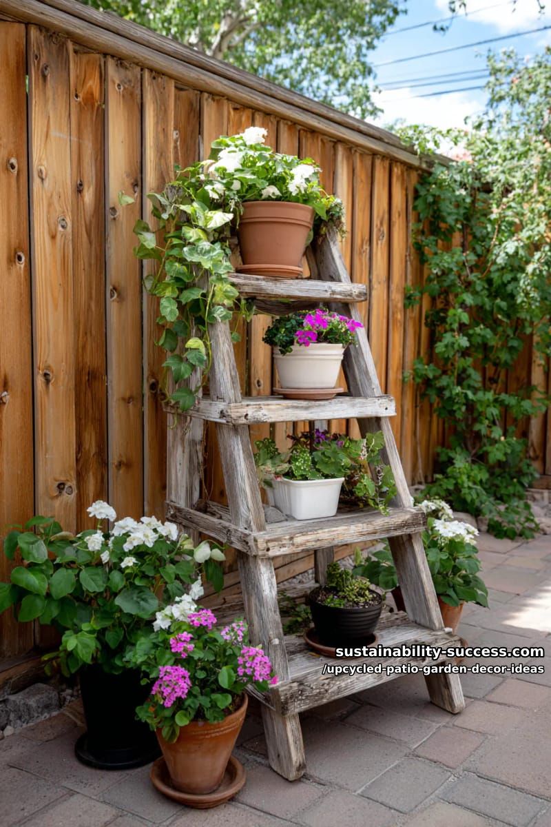ladders repurposed as multi-tiered flower stands with trailing vines 1