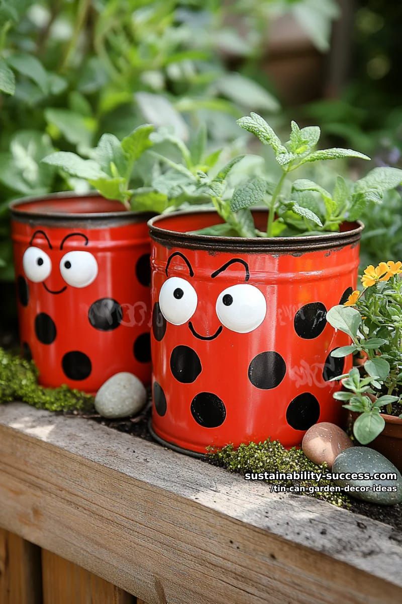 ladybug-inspired painted cans for playful garden bed markers 1