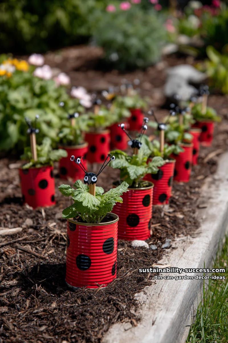 ladybug-inspired painted cans for playful garden bed markers 1