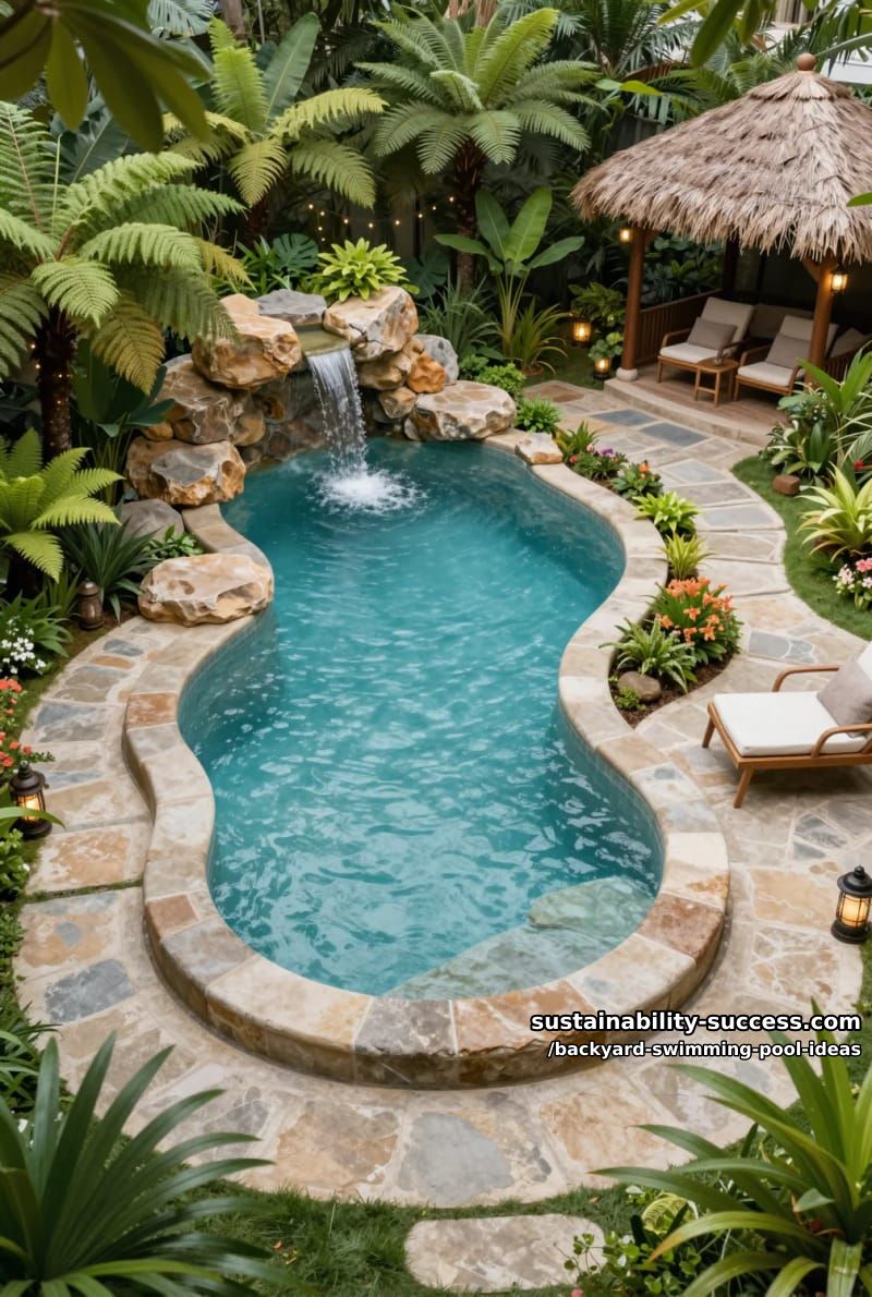 lagoon-style pool with boulders, mini waterfall, and dense plantings 1