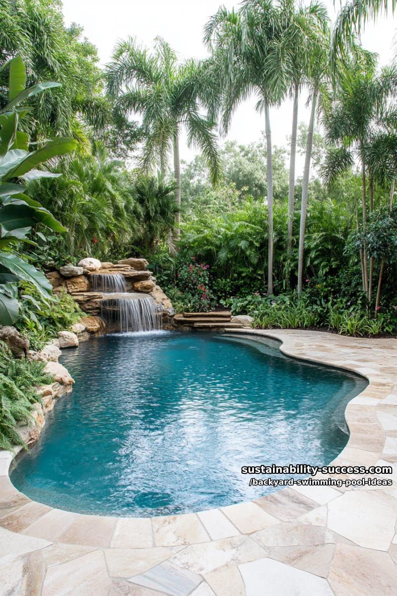 lagoon-style pool with boulders, mini waterfall, and dense plantings 1