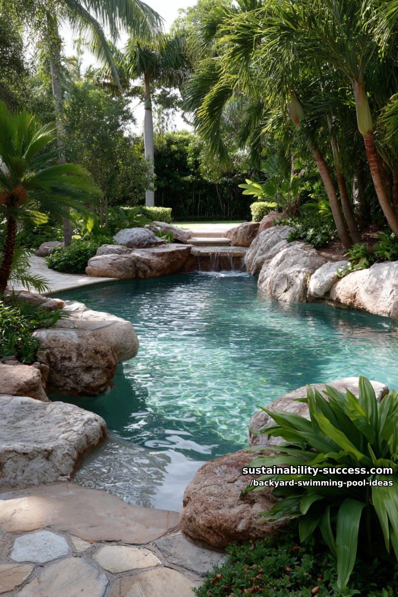 lagoon-style pool with boulders, mini waterfall, and dense plantings 1