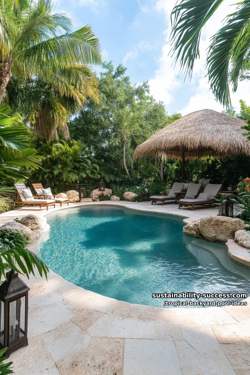 15 Tropical Backyard Pool Ideas to Elevate Your Outdoor Space 4 lagoon-style pool with natural boulders and lush palm tree borders 1