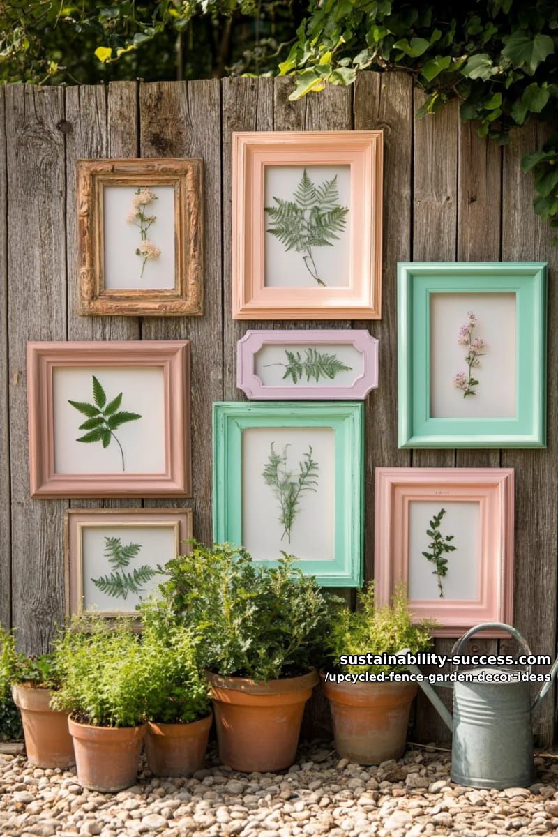 layered old picture frames painted pastel, displaying pressed botanical art outdoors 1