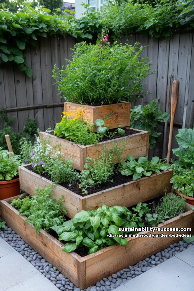 15 DIY Reclaimed Wood Garden Bed Ideas for Vibrant Backyards 26 layered square beds built pyramid-style for dramatic height 1