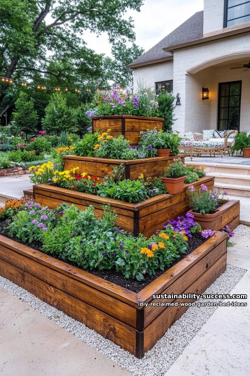 15 DIY Reclaimed Wood Garden Bed Ideas for Vibrant Backyards 27 layered square beds built pyramid-style for dramatic height 1