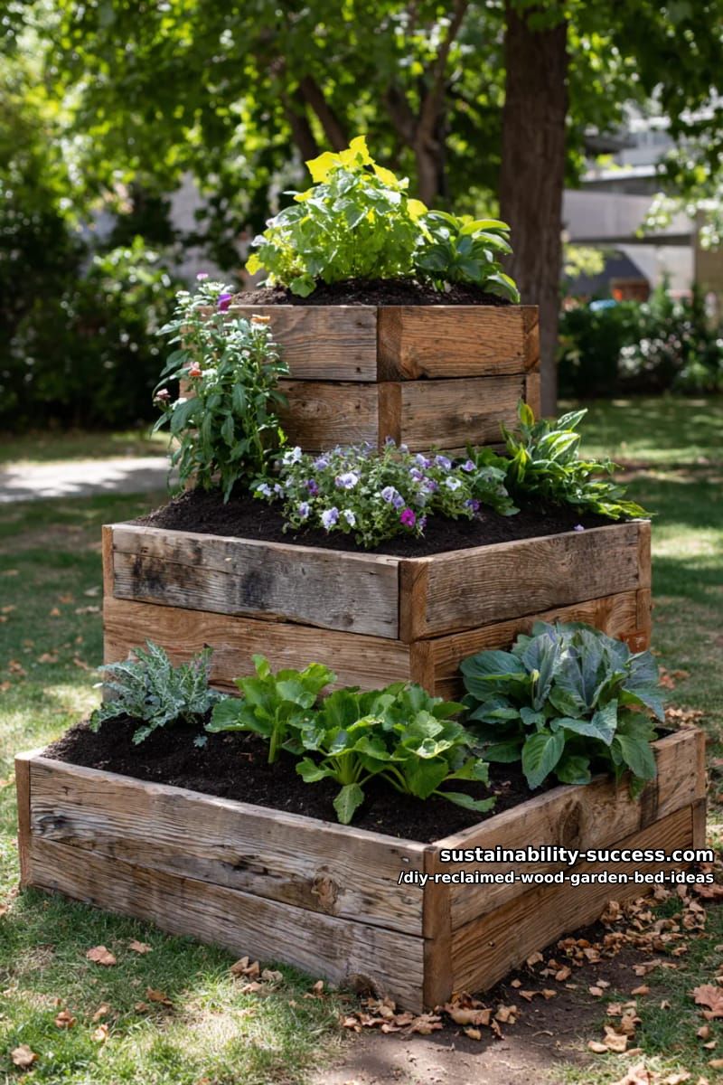 15 DIY Reclaimed Wood Garden Bed Ideas for Vibrant Backyards 28 layered square beds built pyramid-style for dramatic height 1
