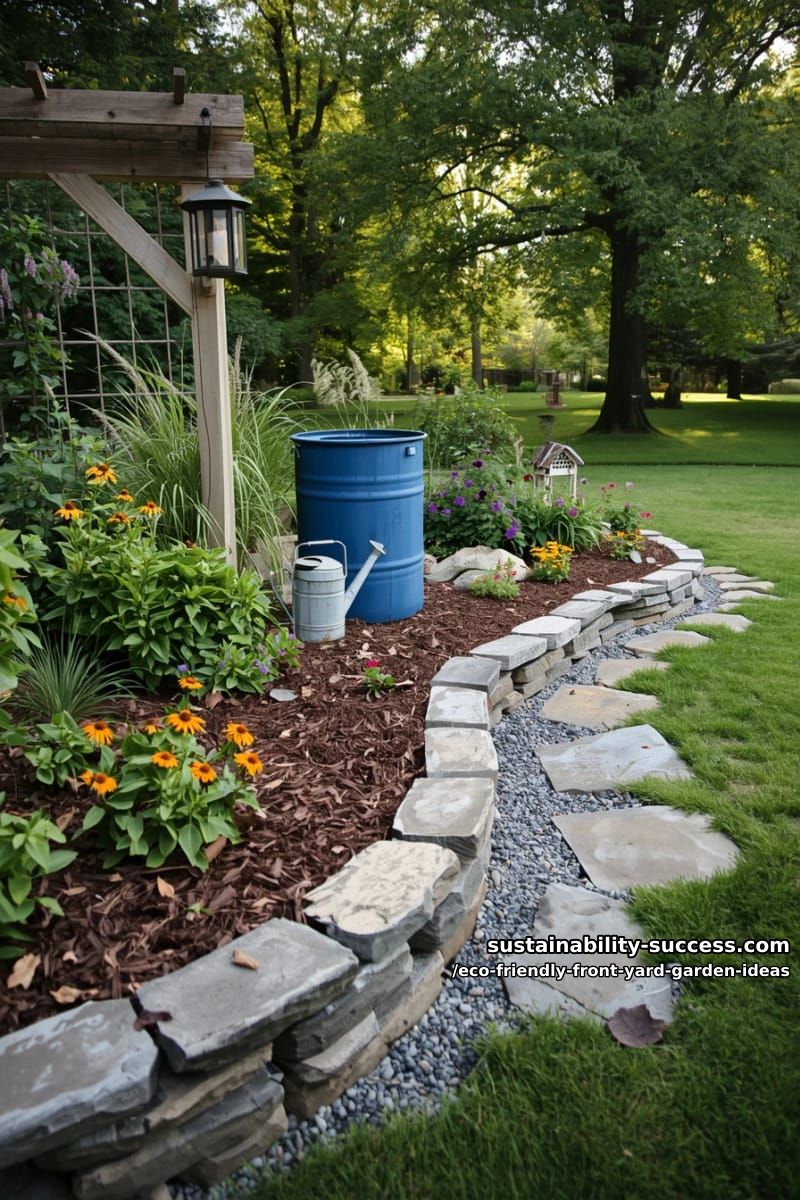 layered stone and mulch beds with rainwater harvesting barrel accents 1