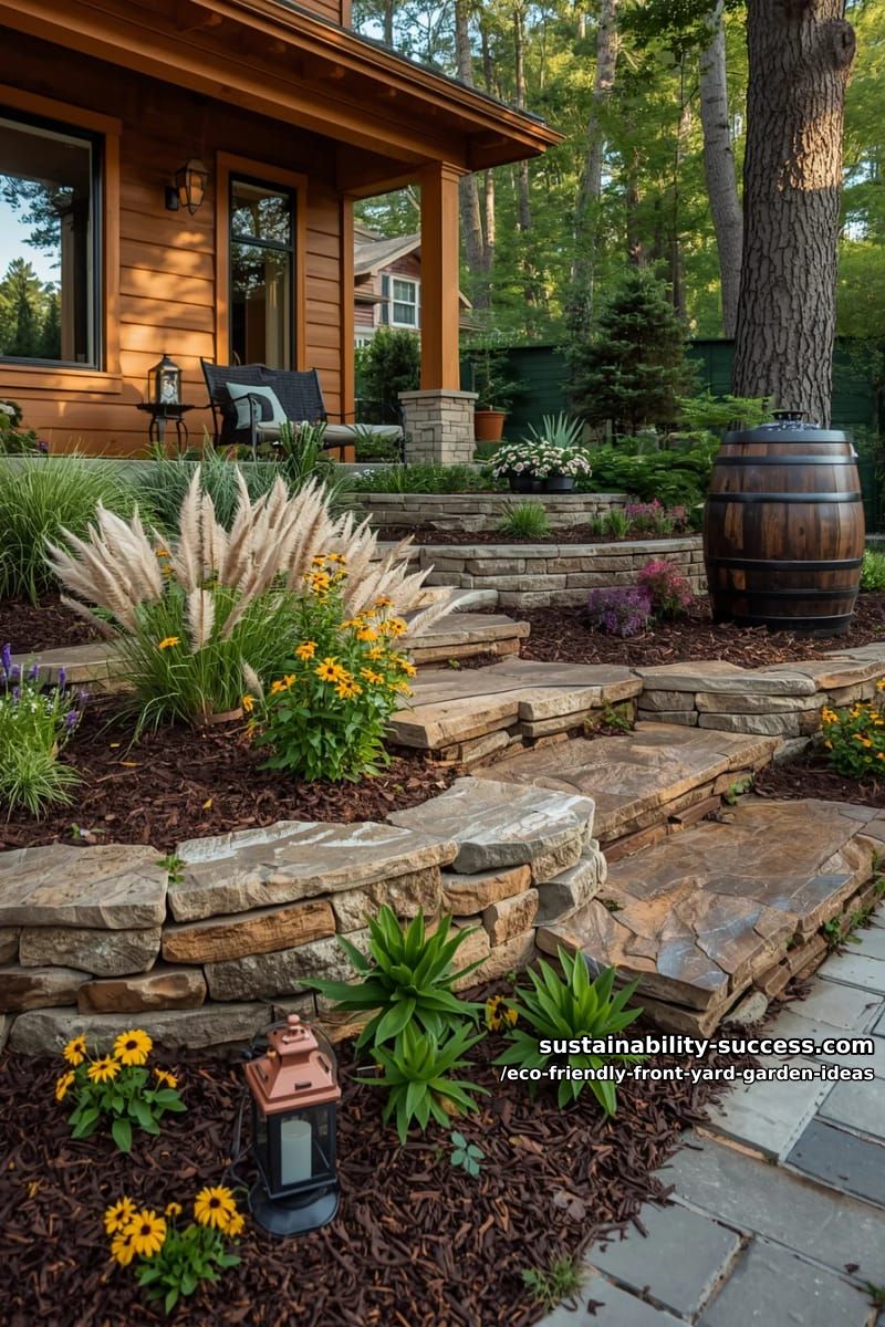 layered stone and mulch beds with rainwater harvesting barrel accents 1