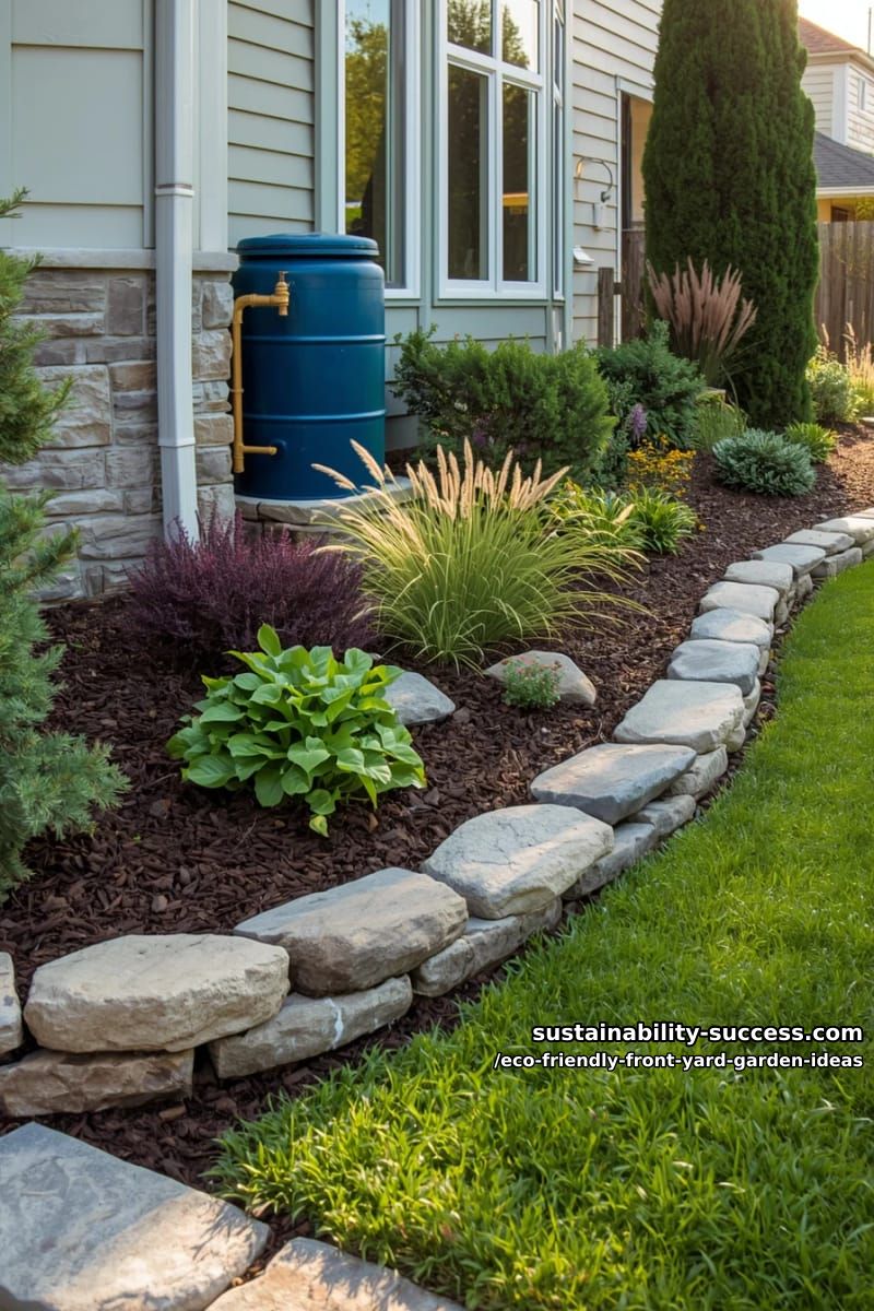 layered stone and mulch beds with rainwater harvesting barrel accents 1