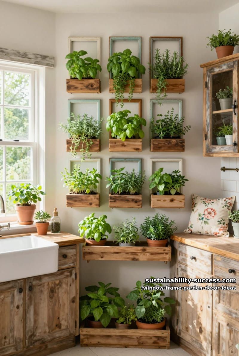 layered window frames creating a 3d vertical herb display 1