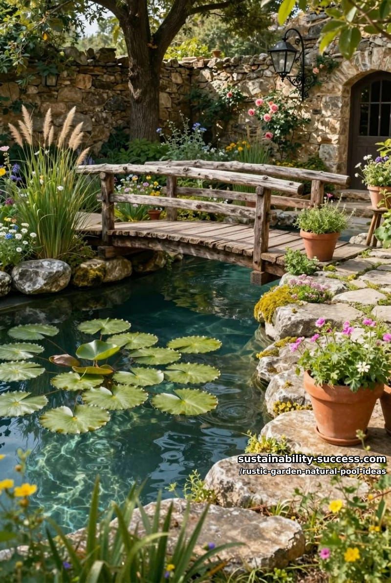 lily pads floating in a crystal-clear pool with rustic timber bridge 1