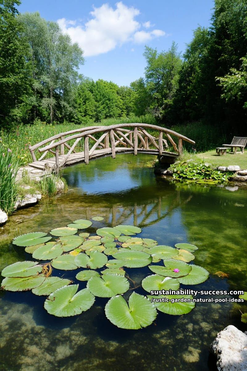 lily pads floating in a crystal-clear pool with rustic timber bridge 1