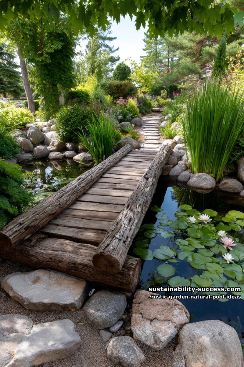 lily pads floating in a crystal-clear pool with rustic timber bridge 1