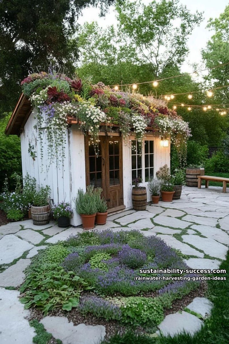 living green roof shed collecting water for an aromatic herb spiral 1