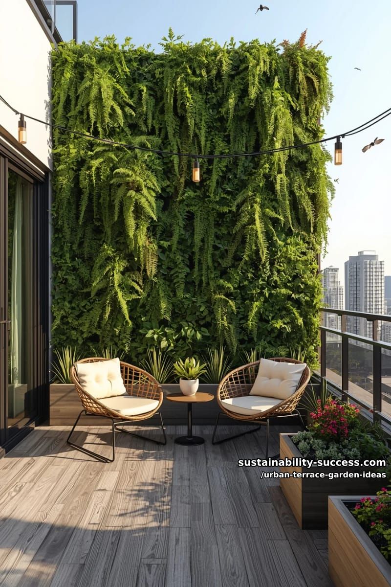 living green wall with cascading ferns and trailing ivy beside cozy lounge chairs 1