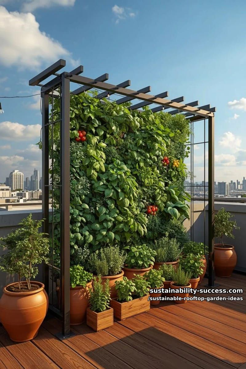 living wall of edible herbs cascading down modern pergola frame 1